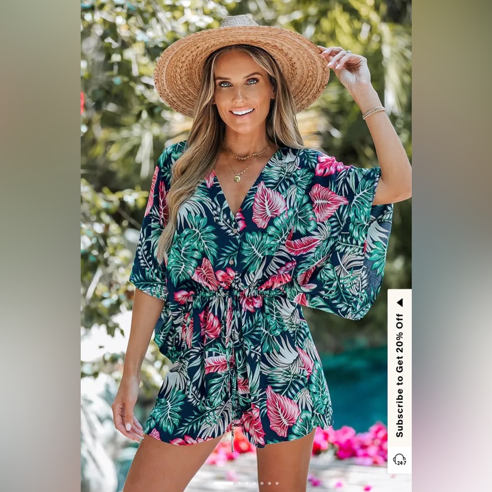 Cupshe Tropical Leaf Print Tie Front Romper, size L